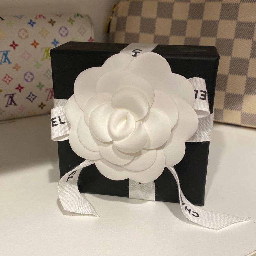 Authentic black Chanel earring box, ribbon and flower sticker
